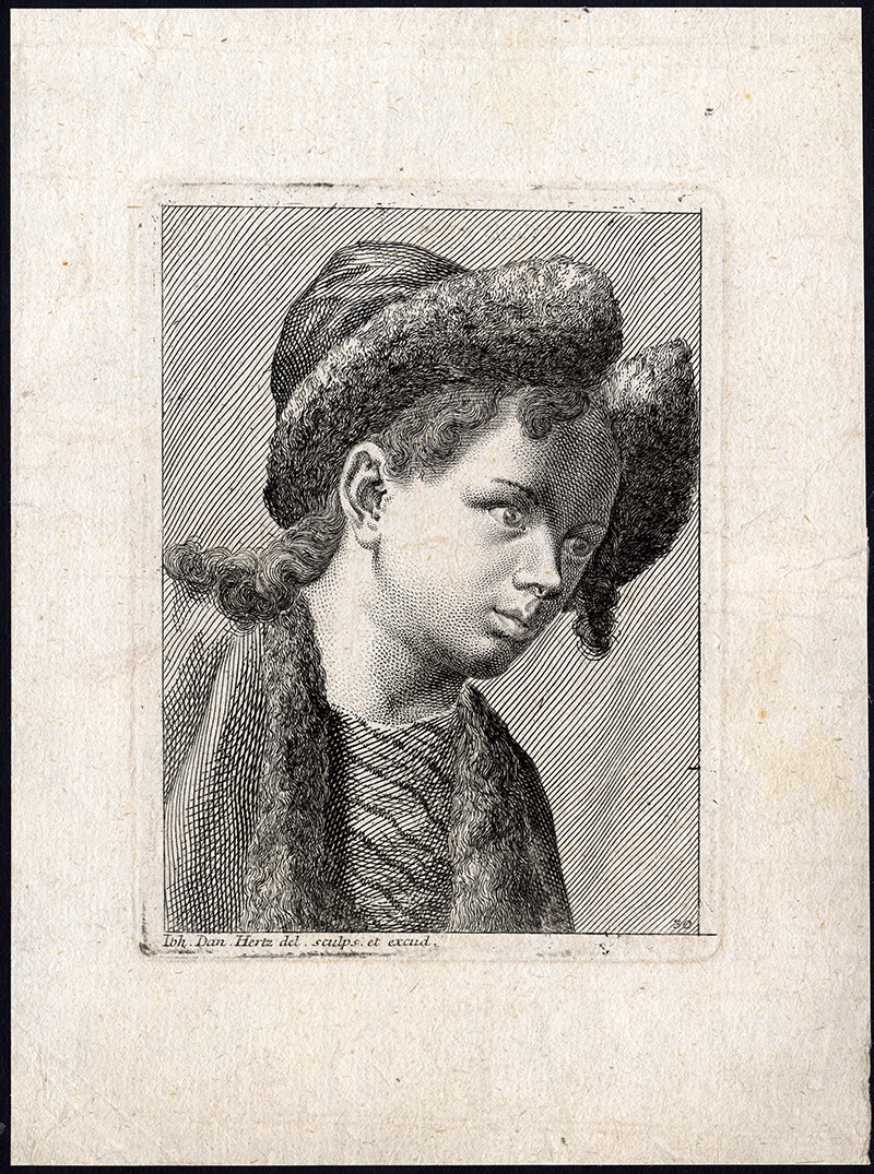 , Antique Print-PORTRAIT-YOUNG WOMAN-Johann Daniel Hertz-1725, Pictura Antique Prints