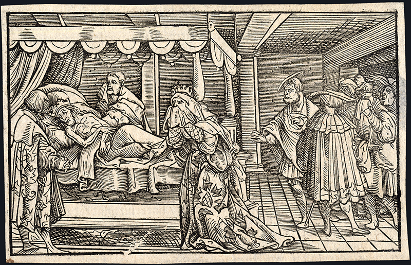 , Antique Print-KING-DEATH-DYING-BED-QUEEN-LAMENT-1575, Pictura Antique Prints