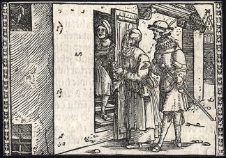 Antique Print-DOORWAY-COTTAGE-COUPLE--1575