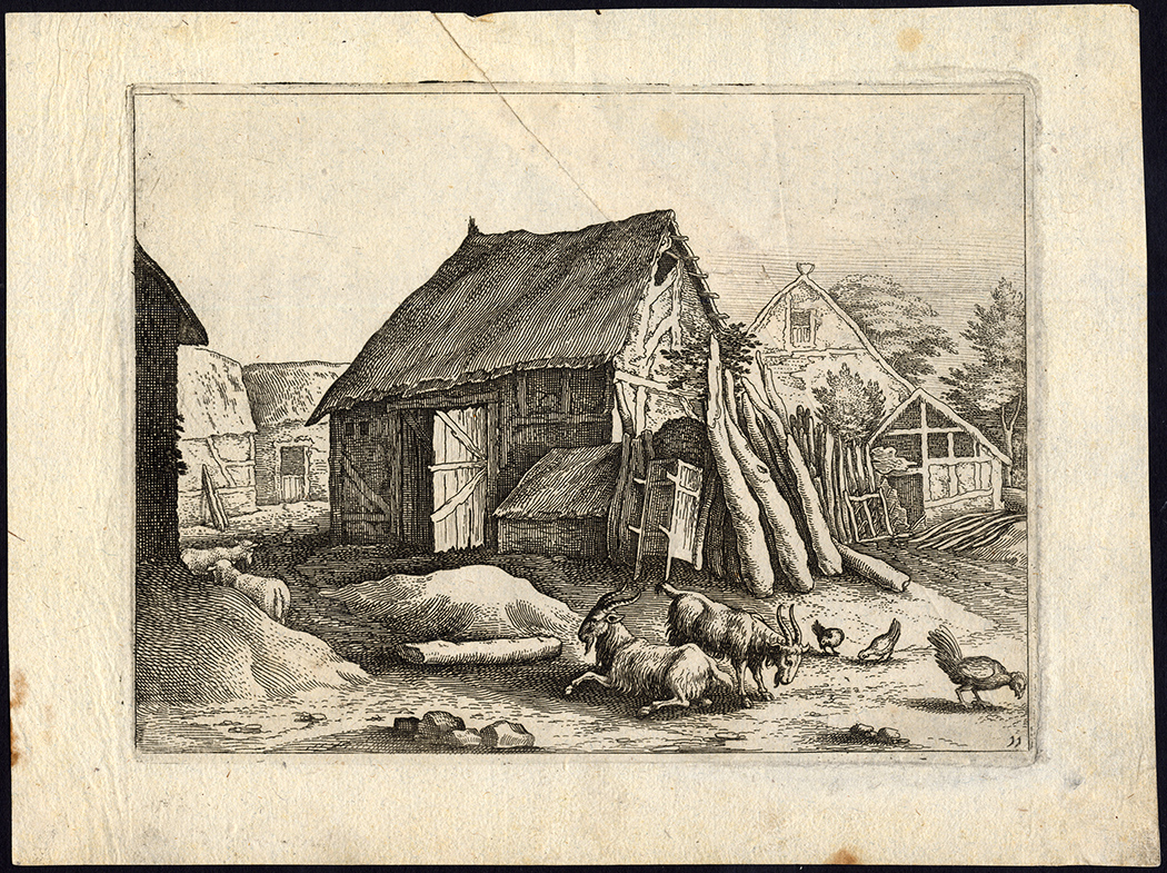 , Antique Print-LANDSCAPE-FARM VILLAGE-GOAT-CHICKEN-Matthaus Merian-1610, Pictura Antique Prints