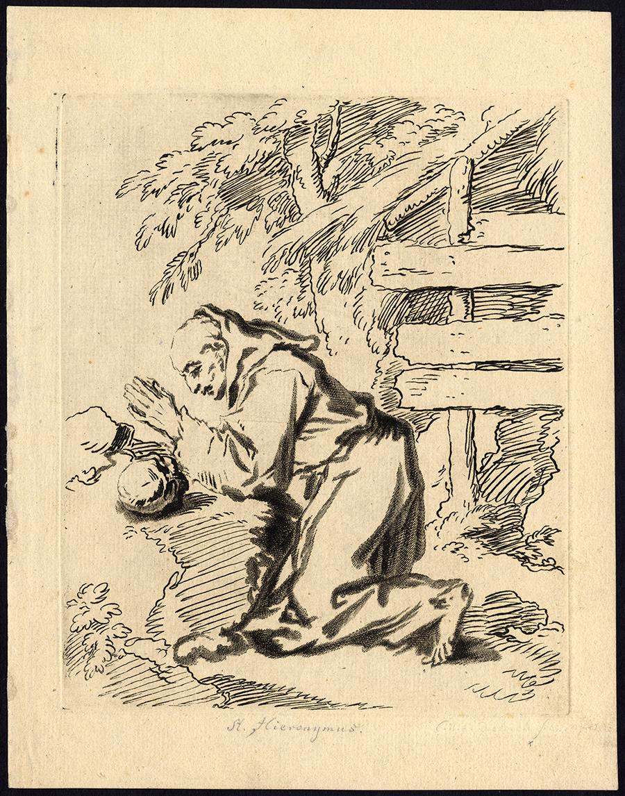 , Antique Print-SAINT HIERONYMUS-PRAYER-KNEEL-WILDERNESS-Wilhelm E. Dietrich-1760, Pictura Antique Prints