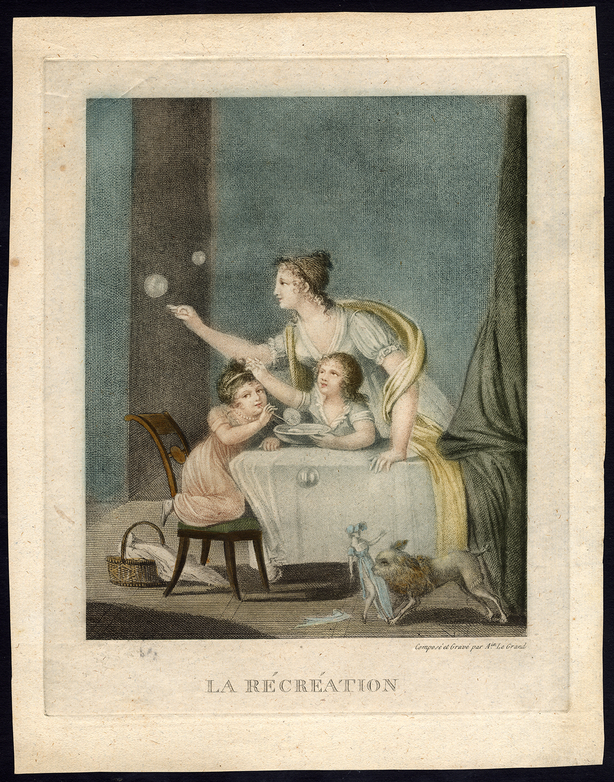 , Antique Print-SOAP MAKING-CHILDREN-MOTHER-DOG-DOLL-Augustin Le Grand-c. 1780, Pictura Antique Prints