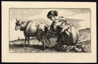 Antique Print-MILKING SHEEP-FARM GIRL-PEASANT-c. 1740
