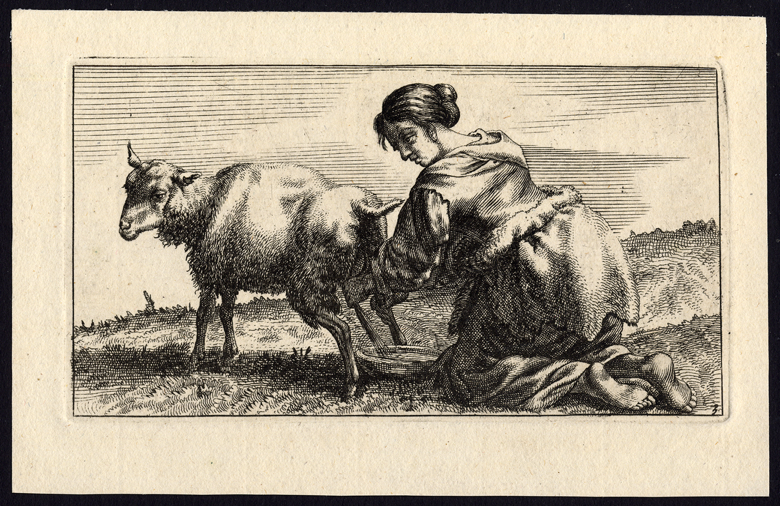 , Antique Print-MILKING SHEEP-FARM GIRL-PEASANT-c. 1740, Pictura Antique Prints
