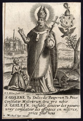 Antique Print-SAINT GHISLAIN-ANCHORITE-BEAR CUB-CHILDREN-van Schoor-Haye-c. 1650