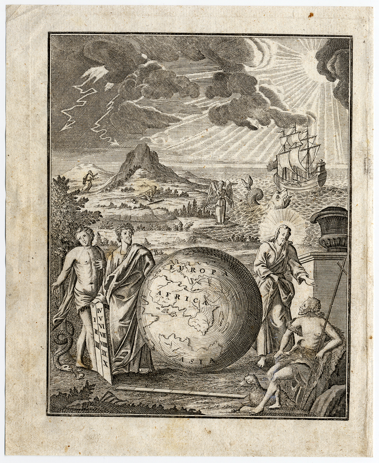 , Rare Antique Print-FRONTISPIECE-JONAH-CHRIST-STONE TABLET-SERPENT-Bunting-1754, Pictura Antique Prints