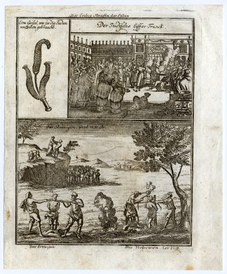 Rare Antique Print-JUDAICA-CORPORAL PUNISHMENT-BURNING-STONING-Bunting-1754