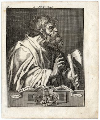 Rare Antique Print-SAINT MATTHIAS-APOSTLE-AXE-DECAPITATE-MARTYRDOM-Bunting-1754