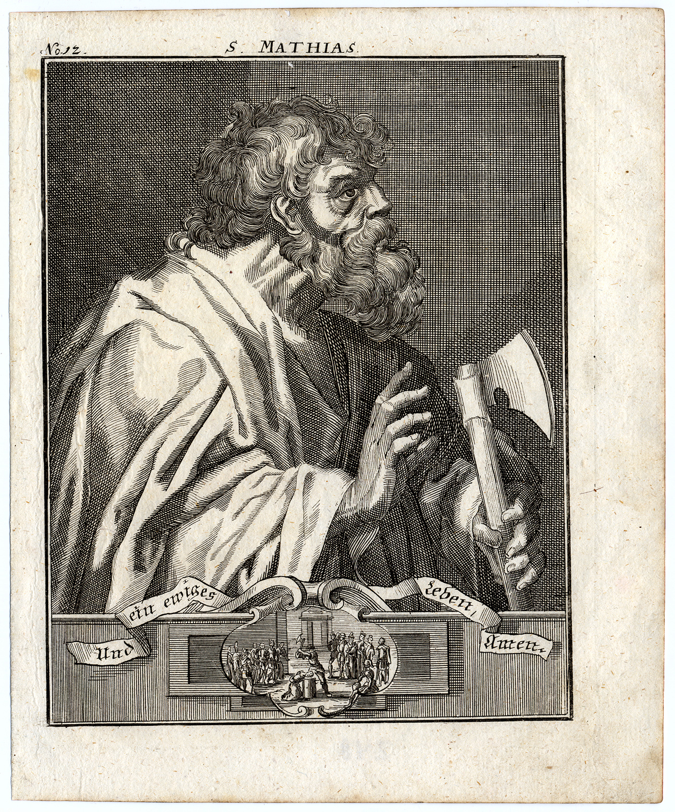 , Rare Antique Print-SAINT MATTHIAS-APOSTLE-AXE-DECAPITATE-MARTYRDOM-Bunting-1754, Pictura Antique Prints
