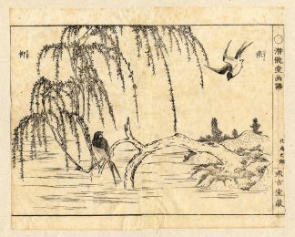 Japanese Antique Print-EHON-SWALLOW-RIVERSIDE-WILLOW-Anonymous-19th c.