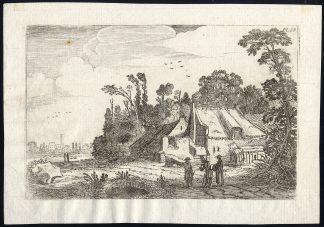 Antique Master Print-LANDSCAPE-BARN-COTTAGE-CHURCH-Van de Velde-ca. 1620