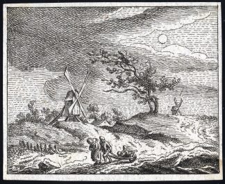 Antique Master Print-MOONLIGHT-LANDSCAPE-FAMILY-POVERTY-Chereau-ca. 1700