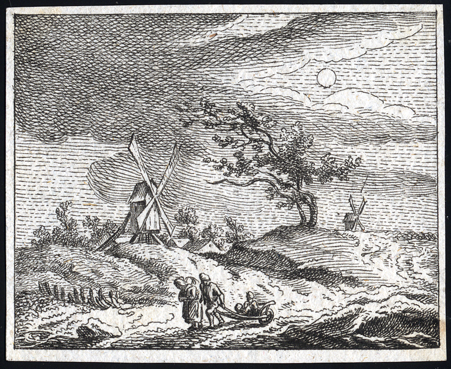 , Antique Master Print-MOONLIGHT-LANDSCAPE-FAMILY-POVERTY-Chereau-ca. 1700, Pictura Antique Prints