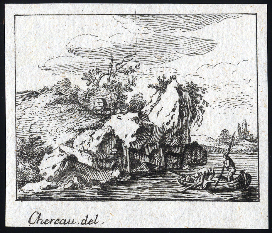 , Antique Master Print-COAST-WAGON-ROWBOAT-PUNTER-Chereau-ca. 1700, Pictura Antique Prints