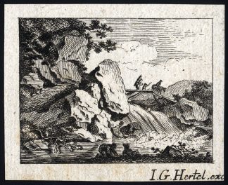 Antique Master Print-RIVER-RAPID-BRIDGE-TRAVELLERS-Hertel-ca. 1735