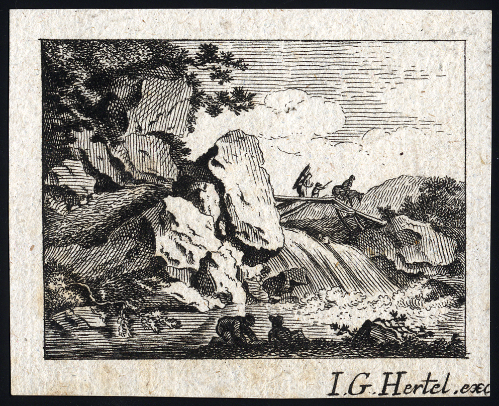 , Antique Master Print-RIVER-RAPID-BRIDGE-TRAVELLERS-Hertel-ca. 1735, Pictura Antique Prints