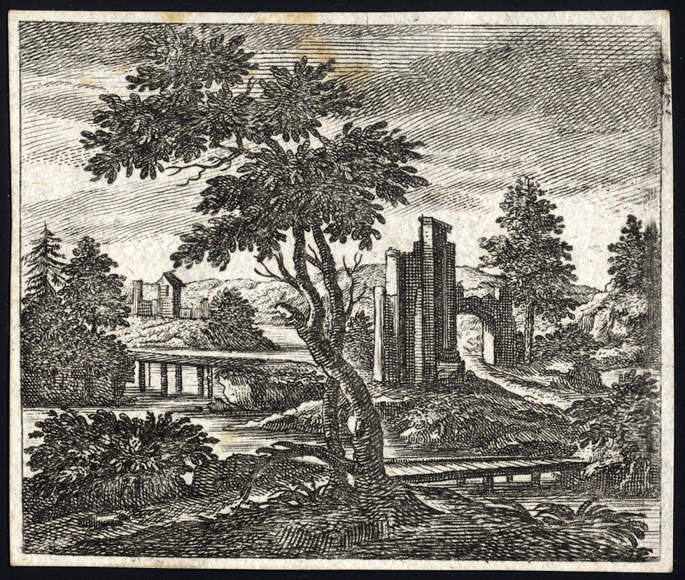 , Antique Master Print-LANDSCAPE-GATE-BRIDGE-Stockmann-ca. 1750, Pictura Antique Prints