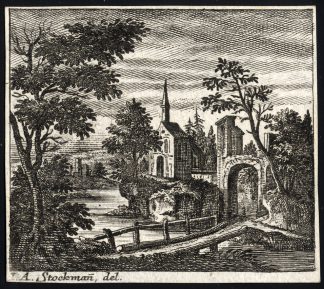 Antique Master Print-LANDSCAPE-BRIDGE-CHURCH-GATE-Stockmann-ca. 1750