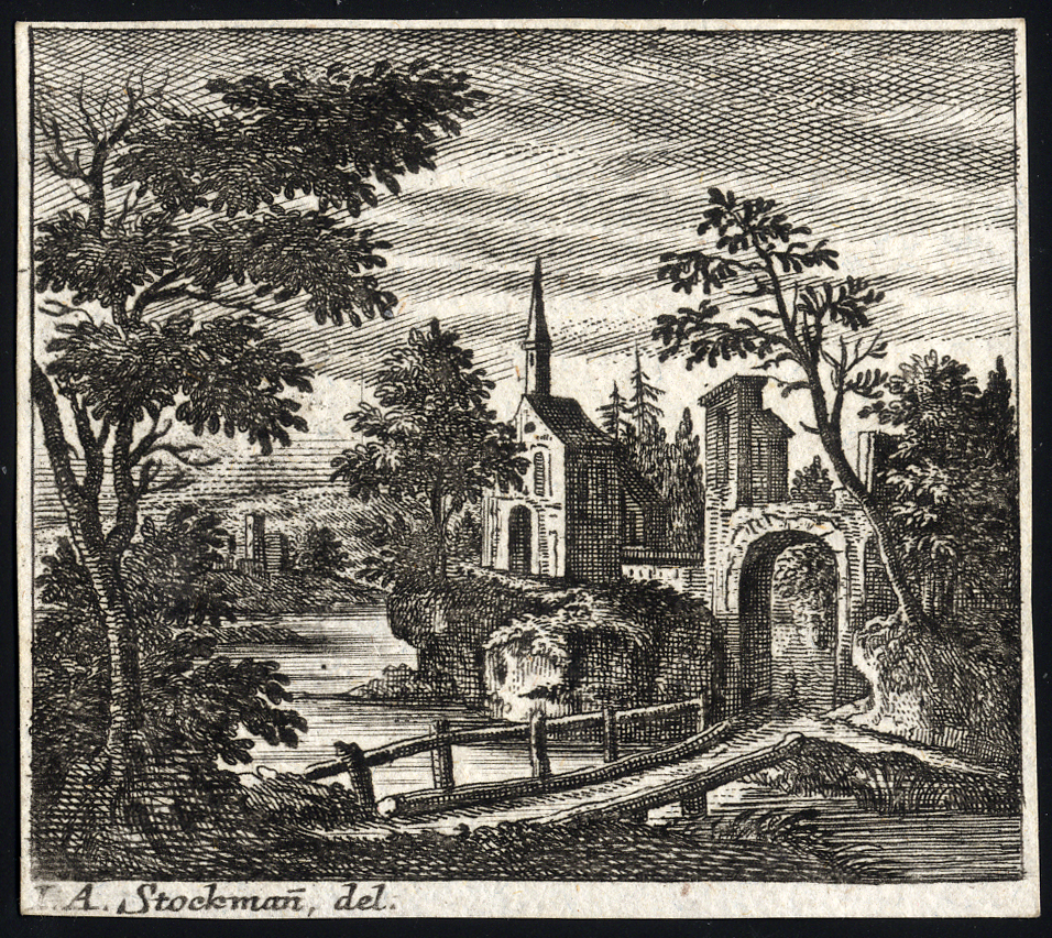 , Antique Master Print-LANDSCAPE-BRIDGE-CHURCH-GATE-Stockmann-ca. 1750, Pictura Antique Prints