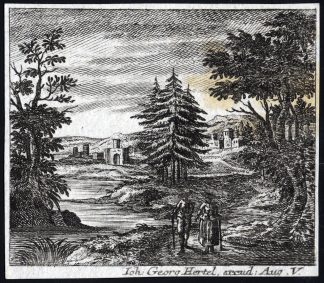 Antique Master Print-TRAVELLERS-PINE TREES-VILLAGE-Stockmann-ca. 1750