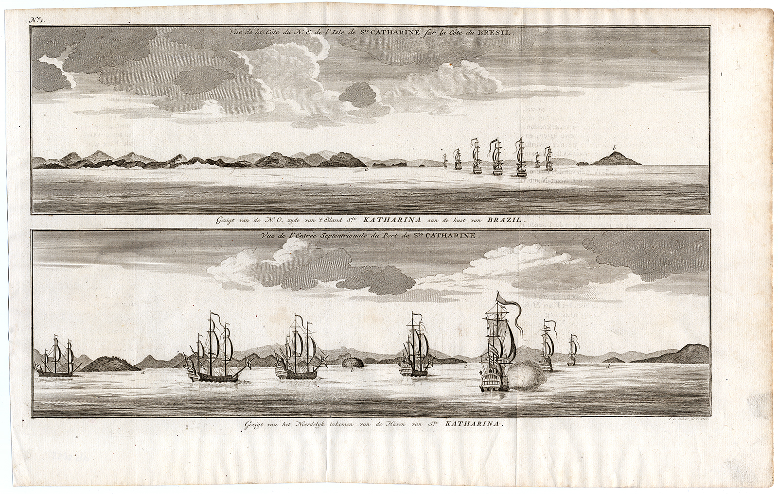 , Antique Print-COASTAL VIEWS-SANTA CATHARINA ISLAND-CATARINA-BRASIL-Anson-1765, Pictura Antique Prints