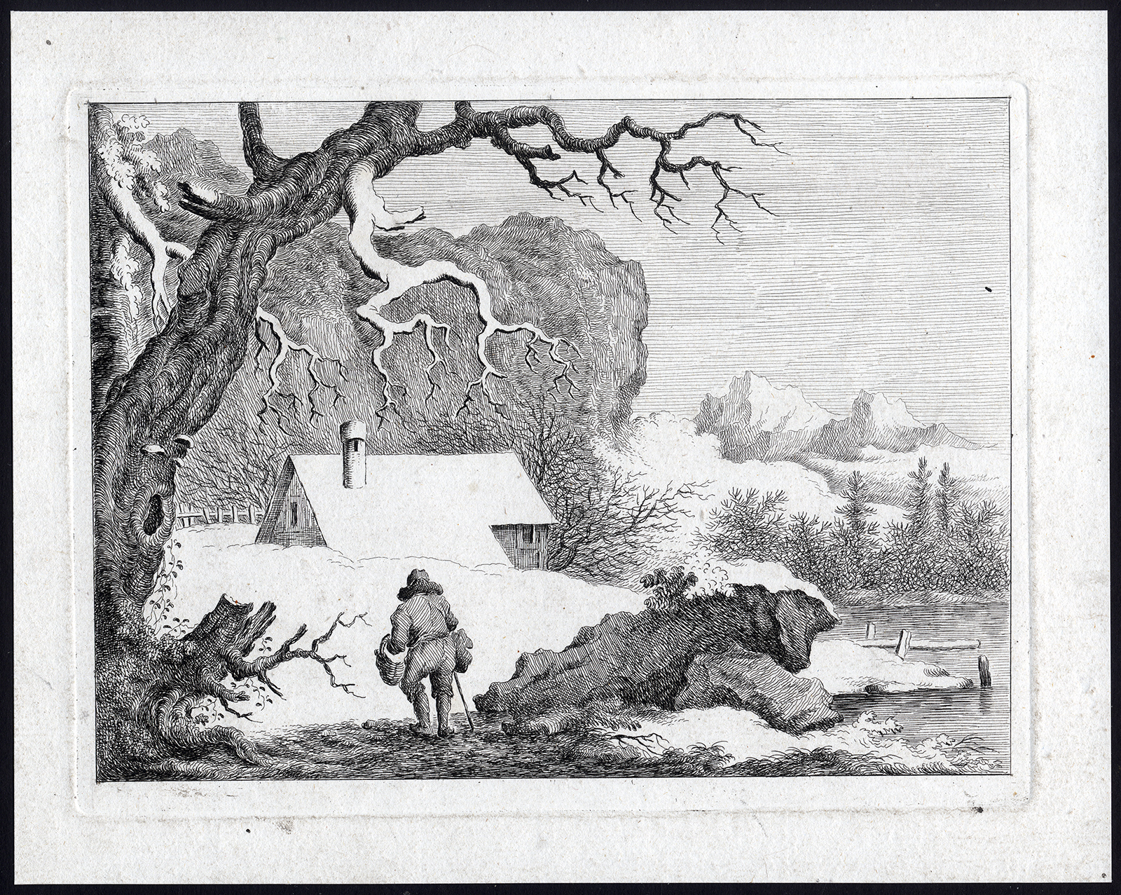 , Antique Master Print-WINTER LANDSCAPE-SNOW-COTTAGE-Anonymous-ca. 1820, Pictura Antique Prints