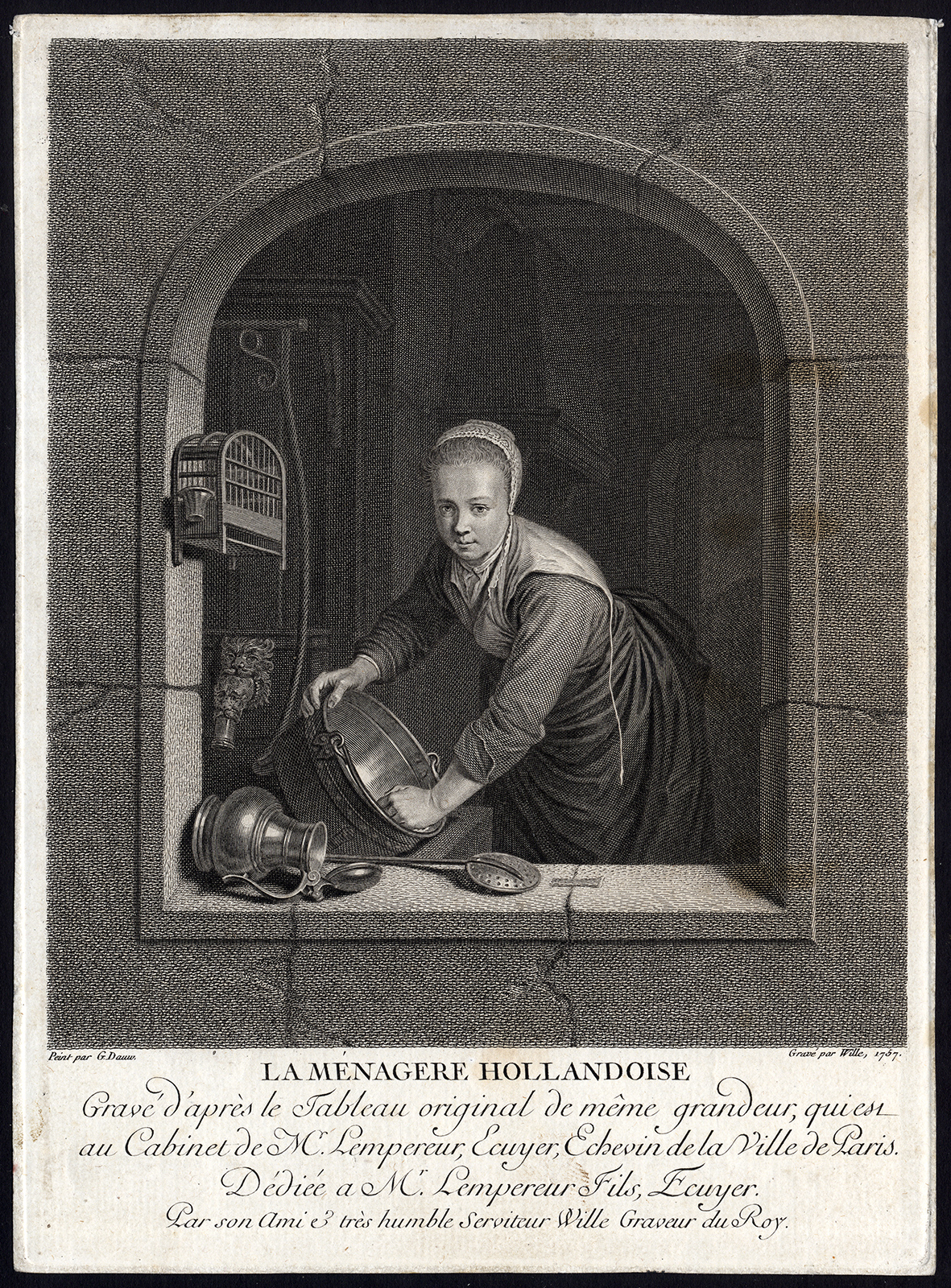 , Antique Master Print-MAID-KITCHEN-CLEANING-KETTLE-Wille-Dou-1757, Pictura Antique Prints