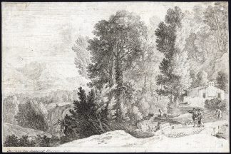 Antique Master Print-LANDSCAPE-WASHERWOMAN-RIVER-CHURCH-Swanevelt-ca. 1635