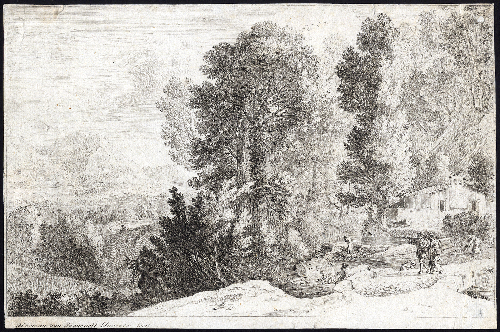, Antique Master Print-LANDSCAPE-WASHERWOMAN-RIVER-CHURCH-Swanevelt-ca. 1635, Pictura Antique Prints
