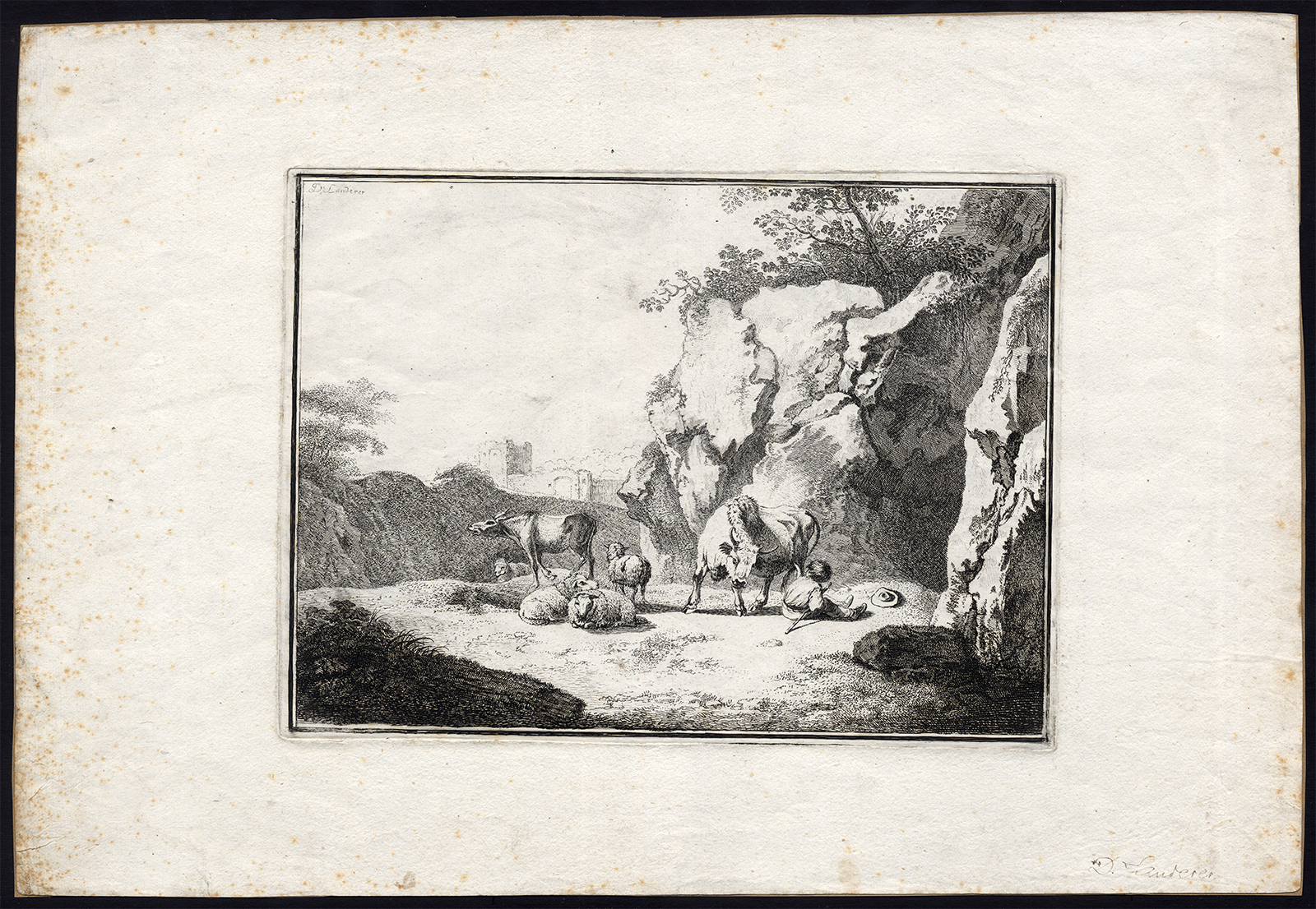 , Antique Master Print-LANDSCAPE-SHEPHERD-SHEEP-BULL-Landerer-c. 1780, Pictura Antique Prints