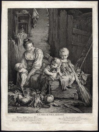 Antique Master Print-VILLAGOISE-COUNTRY LADY-CHILDREN-Soubeyran-Boucher-1738