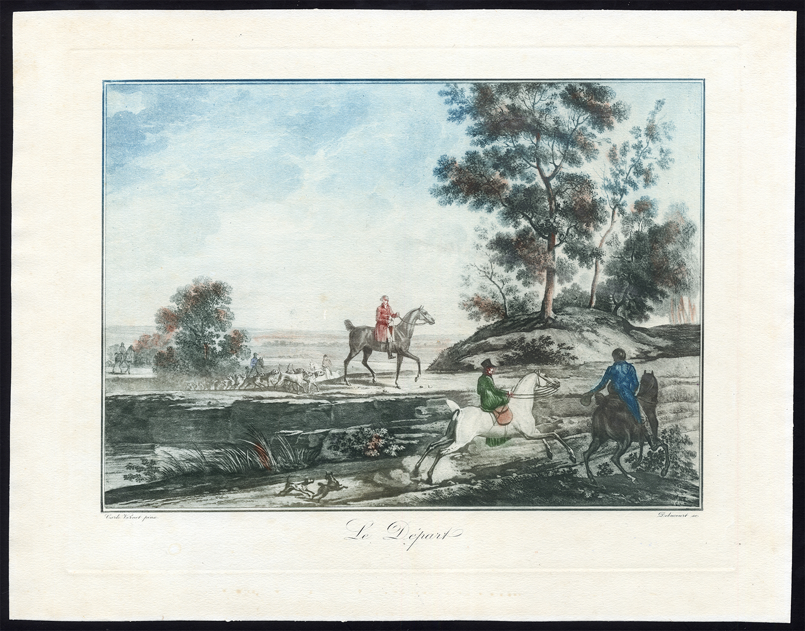 , Antique Master Print-HUNT-DEPARTURE-DOGS-HORSE-Carl Vernet-Debucourt-ca. 1880, Pictura Antique Prints
