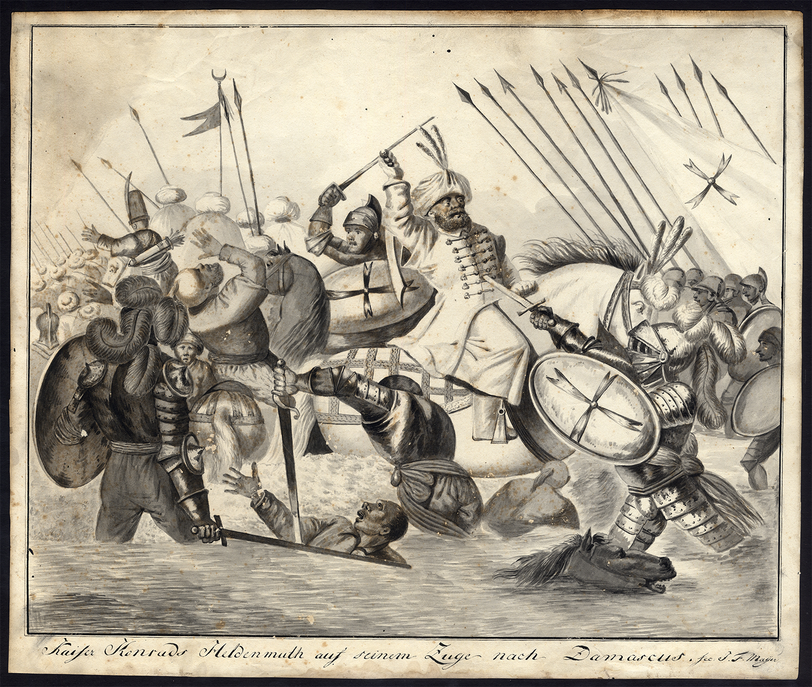 , Antique Drawing-CONRAD III-KING OF GERMANY-CRUSADE-Mayer-ca. 1840, Pictura Antique Prints