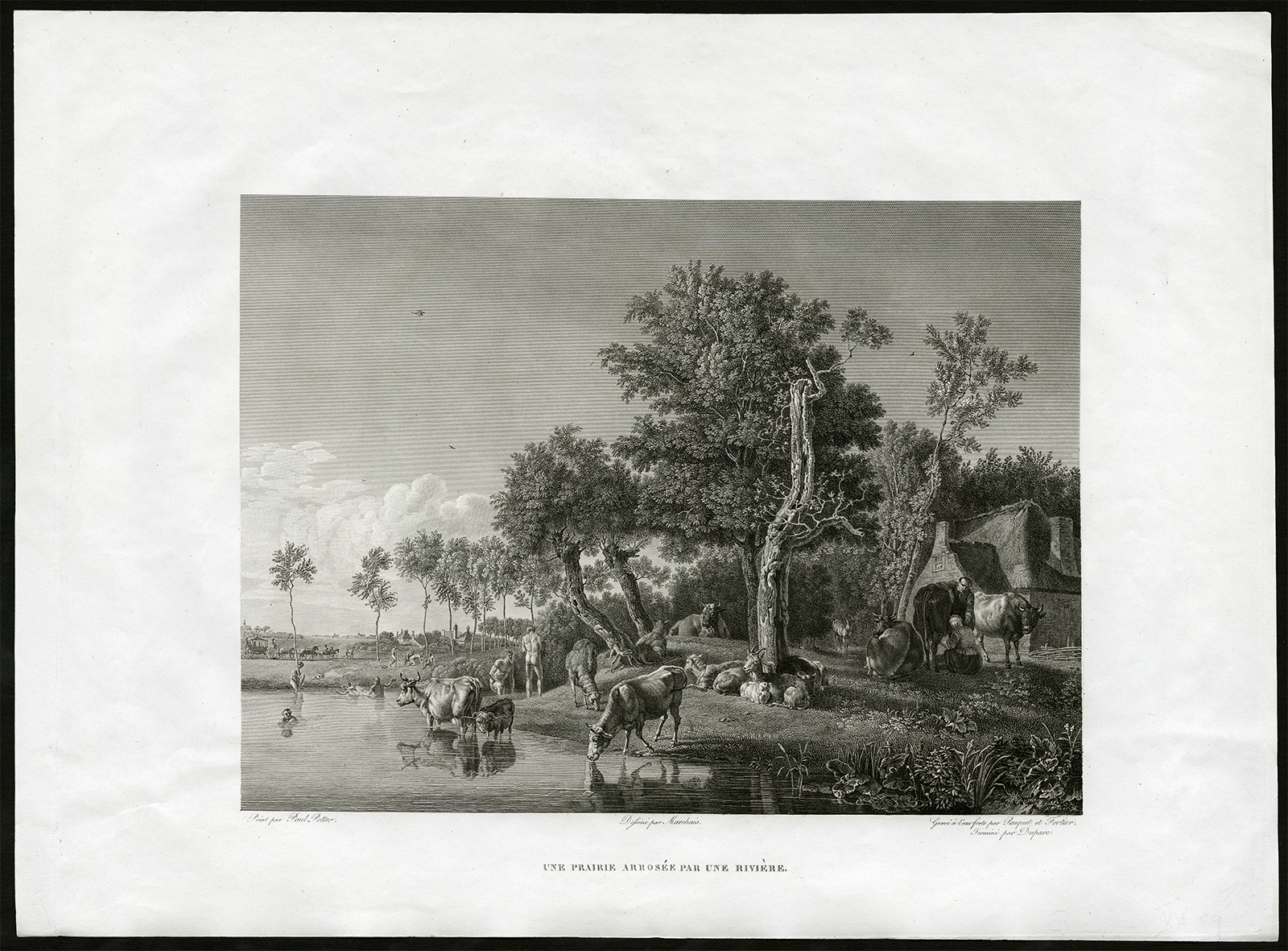 , Antique Master Print-LANDSCAPE-CATTLE-NUDE-MILKING-Pauquet-Duparc-Potter-c. 1810, Pictura Antique Prints