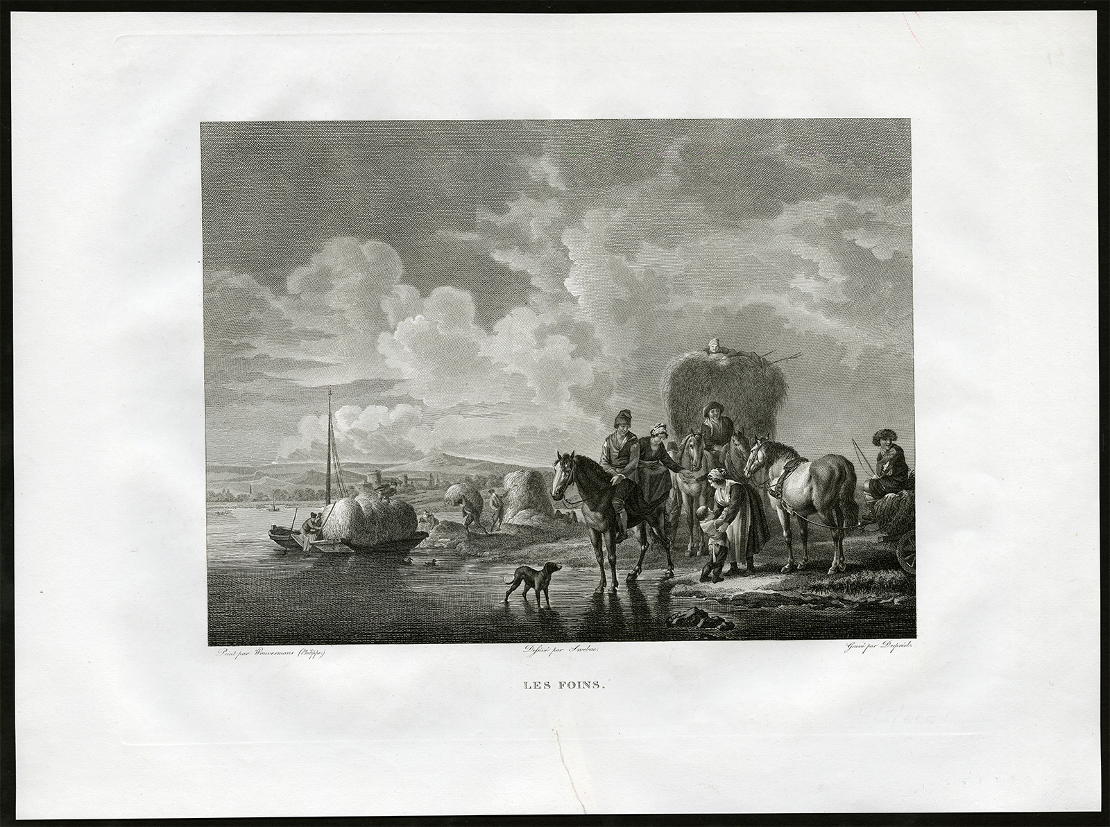 , Antique Master Print-LANDSCAPE-HORSE-HAY MAKING-Dupreel-Wouwermans-ca. 1810, Pictura Antique Prints