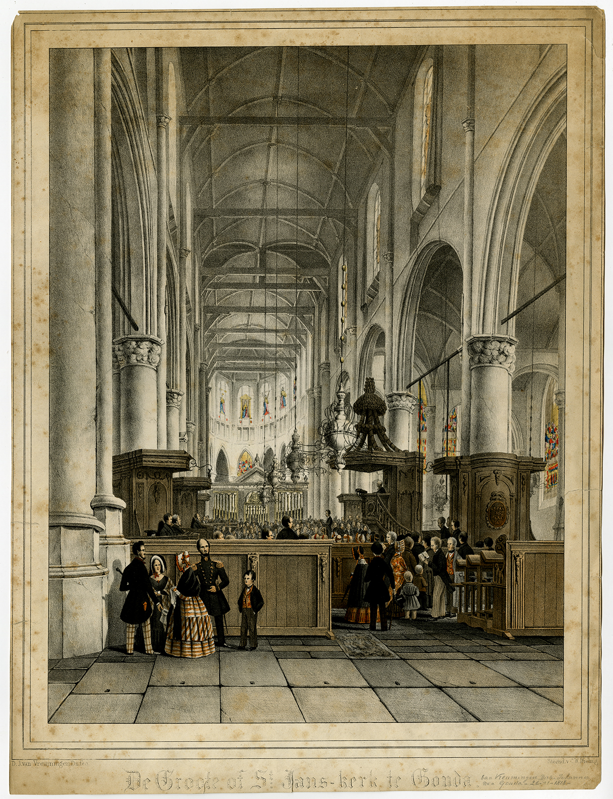 , Antique Print-SINT JANSKERK-GOUDA-STAINED GLASS-Van Vreumingen-Mieling-ca. 1845, Pictura Antique Prints