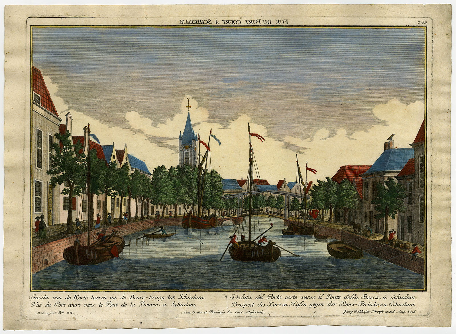 , I Optical Antique Prints-BEURS BRIDGE-KORTEHAVEN-SCHIEDAM-Probst-ca. 1770, Pictura Antique Prints
