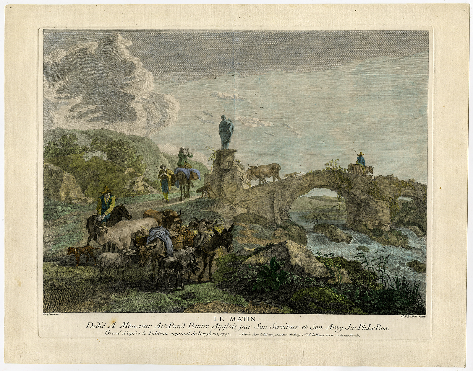 , Antique Print-MORNING-TRAVELER-BRIDGE-OX-DONKEY-COW-Berghem-Le Bas-ca. 1750, Pictura Antique Prints