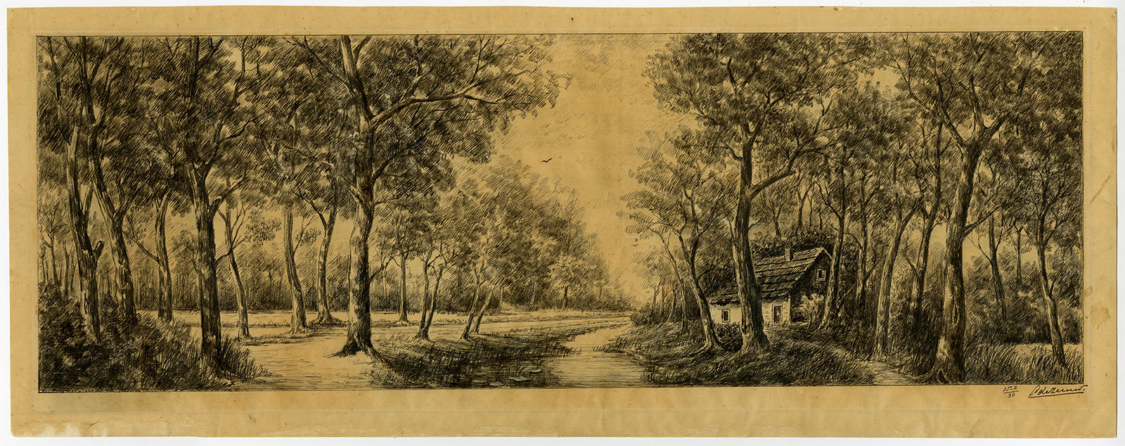 , Antique Drawing-LANDSCAPE-HOUSE-RIVER-De Zeeuw-1930, Pictura Antique Prints