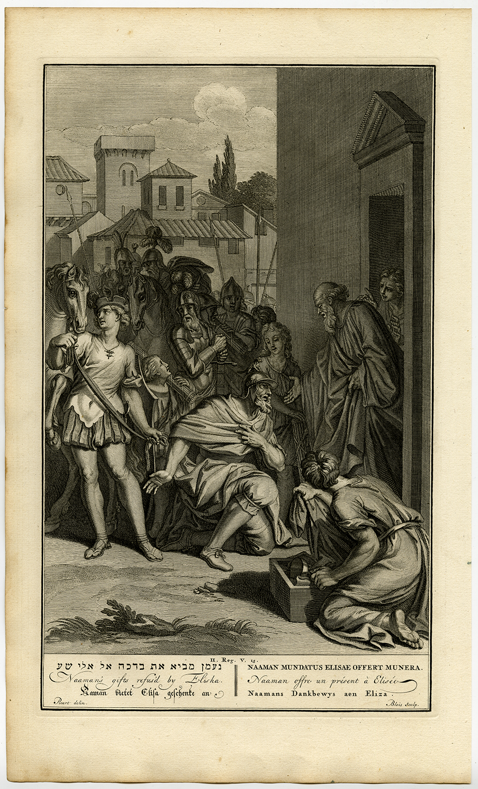 , Antique Print-NAAMAN-GIFT-ELISHA-REFUSAL-Picart-Blois-1728, Pictura Antique Prints