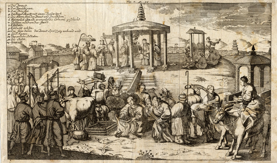 , Antique Print-JAPAN-WEDDING-MUSIC-COW-Calvor-1705, Pictura Antique Prints