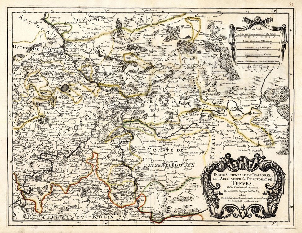 , Antique Map-GERMANY-MAINZ-RHINE-MOSEL-Sanson-1674, Pictura Antique Prints