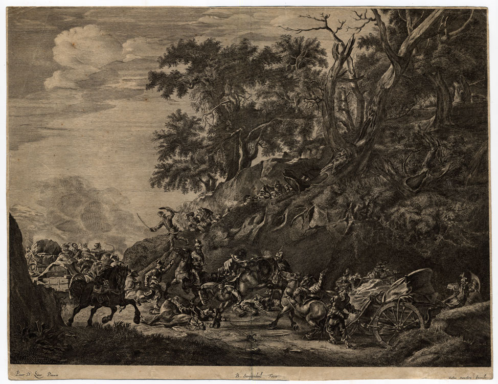 , Antique Master Print-BANDITS-ROBBERY-WAGONS-Bastiaen Stoopendaal-van Laar-c.1680, Pictura Antique Prints