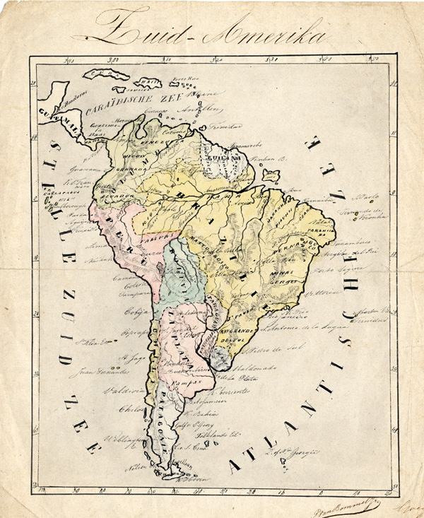 , Antique Map-SOUTH AMERICA-MANUSCRIPT MAP-Van Bommel-1865, Pictura Antique Prints