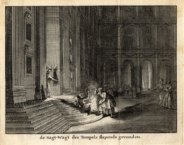 , Antique Print-TEMPLE-NIGHT WATCH-SLEEPING-Cunaeus-1682, Pictura Antique Prints
