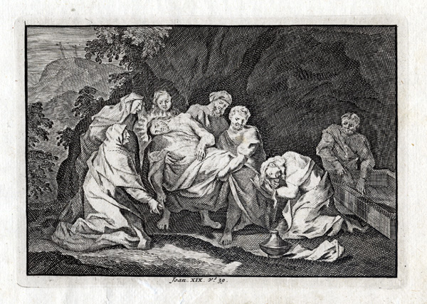 , Antique Print-JOHN 19:39-NICODEMUS-JESUS-EMBALMING-c. 1703, Pictura Antique Prints