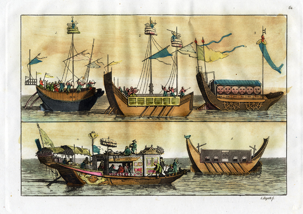 , Antique Print-RARE-CHINESE WAR SHIP-EMPEROR-CHINA-Bigatti-Ferrario-1827, Pictura Antique Prints