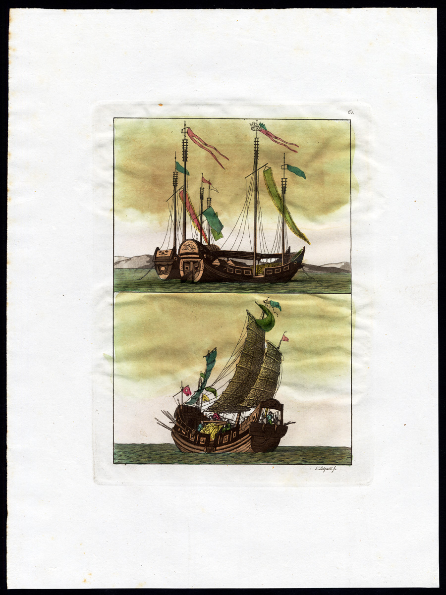 , Antique Print-RARE-CHINESE SHIPS-CHINA-Bigatti-Ferrario-1827, Pictura Antique Prints