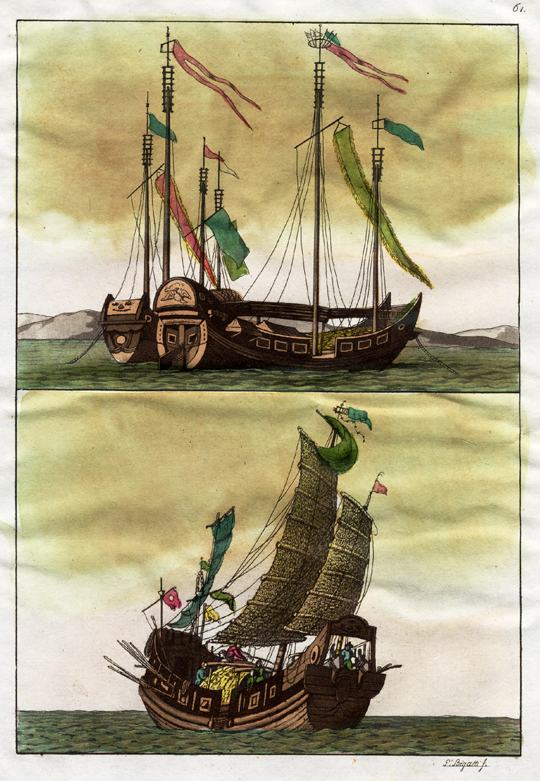 , Antique Print-RARE-CHINESE SHIPS-CHINA-Bigatti-Ferrario-1827, Pictura Antique Prints