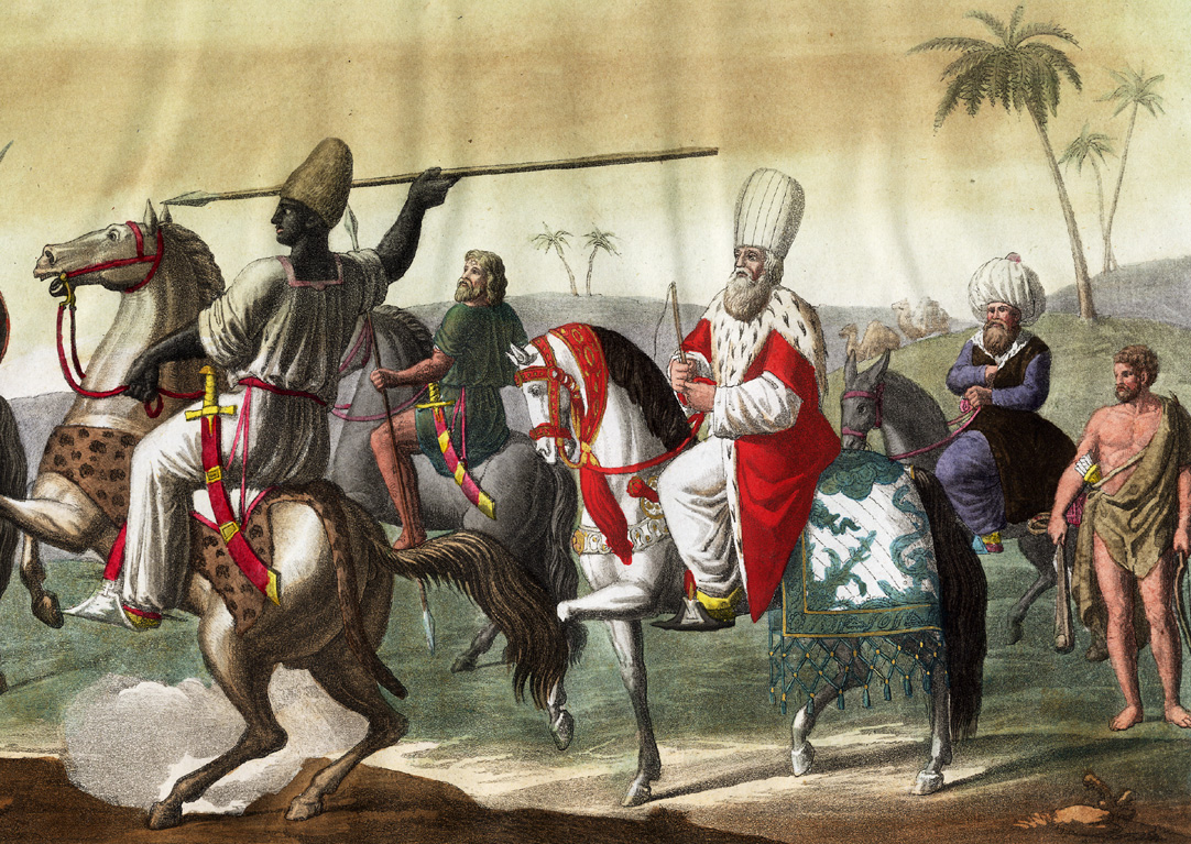 , Antique Print-ARAB SOLDIERS-SULTAN ON HORSE BACK-Bramati-Ferrario-1827, Pictura Antique Prints